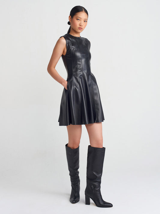 Faux Leather Mini Dress-Black