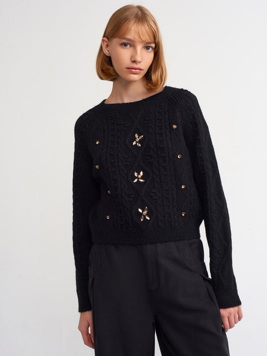 Crew Neck Front Stone Embroidered Sweater-Black