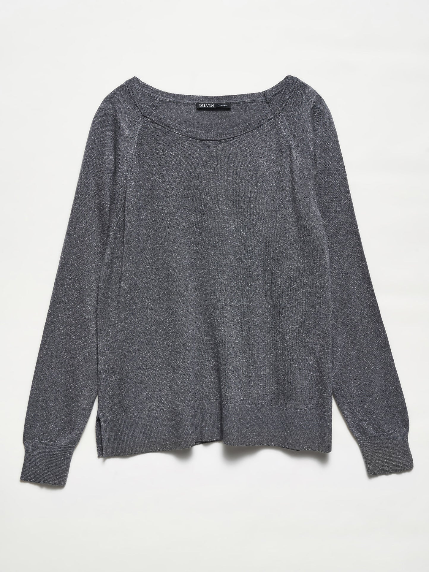 Crew Neck Glittery Basic Thin Knit Sweater-Smoke