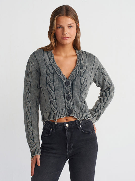 Faded Effect Buttoned Ripped Detailed Knitwear Cardigan