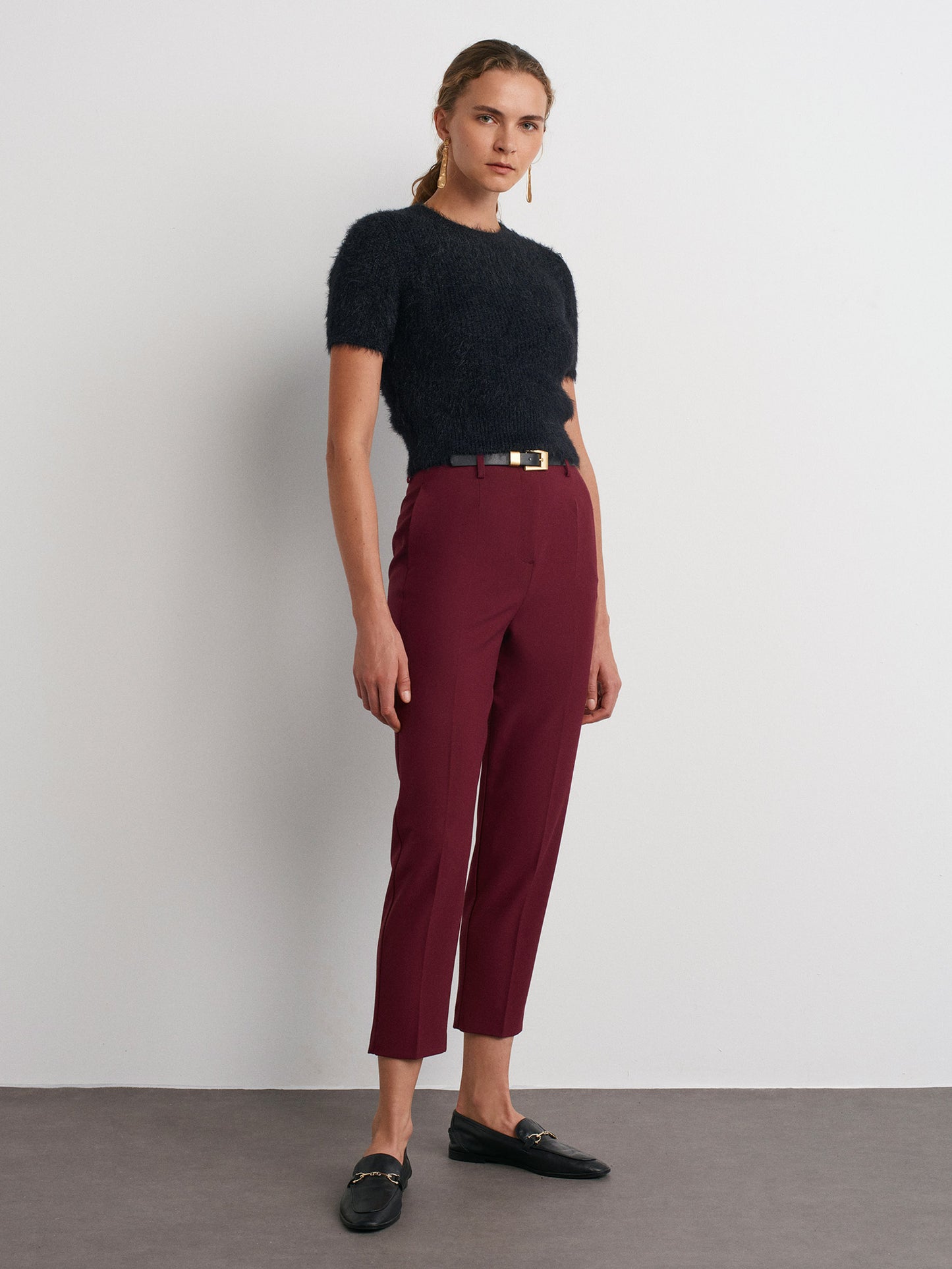 Belted High Waist Trousers-Burgundy