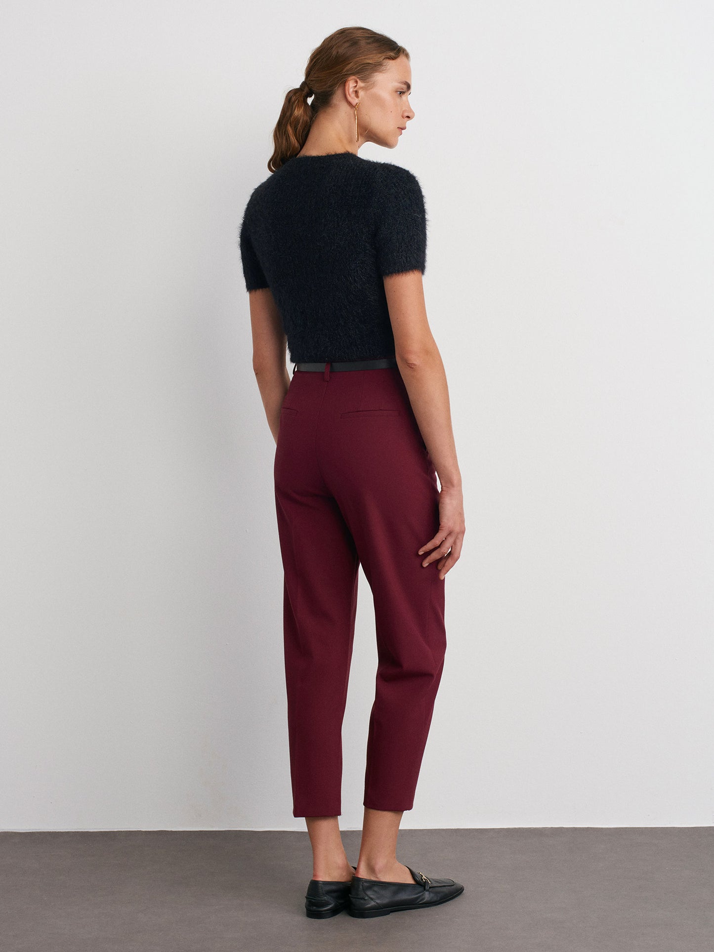 Belted High Waist Trousers-Burgundy