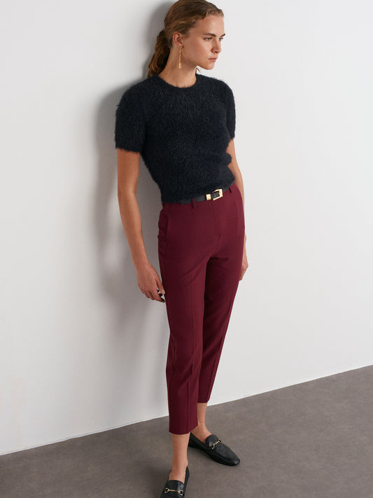 Belted High Waist Trousers-Burgundy