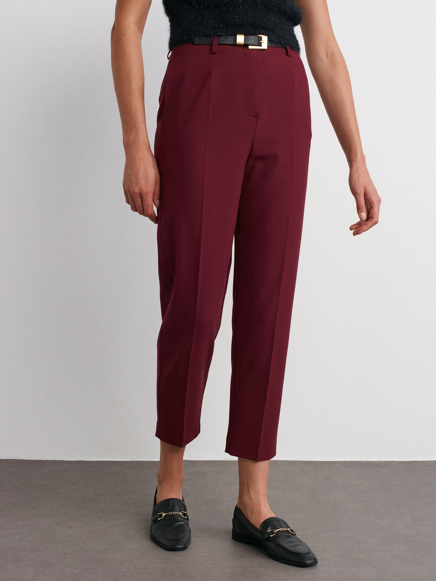 Belted High Waist Trousers-Burgundy